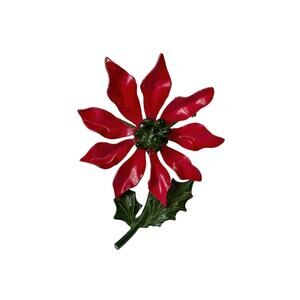 1960s Red Green Yellow Enamel Poinsettia Holiday Christmas Flower Pin Brooch
